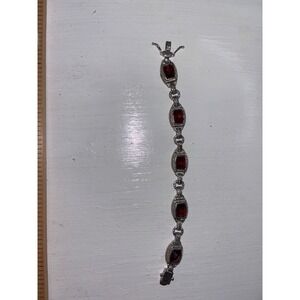 Garnet Link Bracelet Womens 7.25in Silver Tone Vintage Style